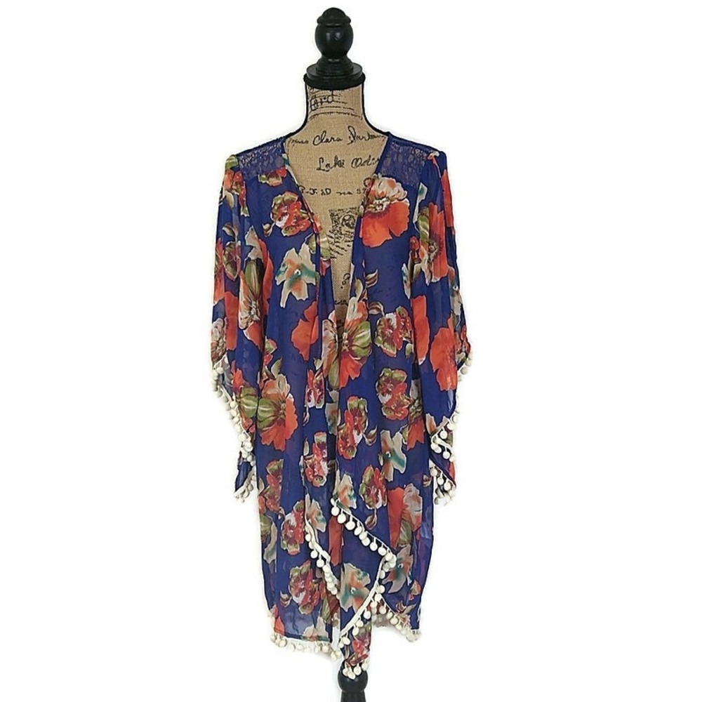 Kori America Floral Lace Kimono Cover Up‎ Tassel Trim Boho Coastal Layering sz M